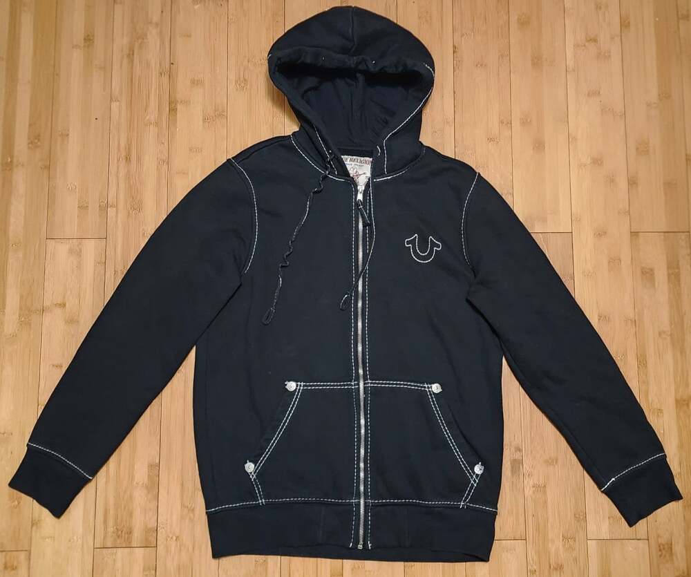 True Religion Men’s Big T Zip Hoodie Fleece Black Horseshoe Logo Size Medium